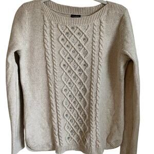 Talbots Sweater Fisherman Cable Knit Rhinestone Sz M Cotton Wool Blend Cream